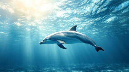A dolphin gracefully gliding through the water, with sunlight illuminating its sleek body and the ocean depths below.