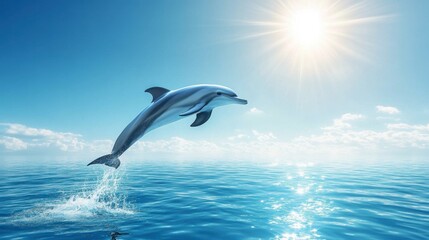 A dolphin jumping high out of the water, with the sun shining brightly and the sky clear and blue.