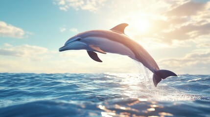 A dolphin jumping high out of the water, with the sun shining brightly and the sky clear and blue.