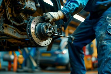 Automotive technician performing brake replacement for essential vehicle maintenance services