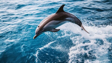 Obraz premium A dolphin jumping out of the water, creating a splash as it lands back in the ocean.
