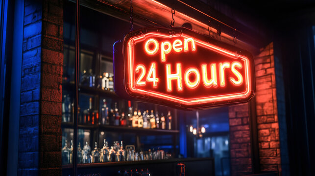 Digital electric glowing neon sign at the bar or club "Open 24 hours" Illuminated environment Small business decoration Fluorescent light at night Cafe advertisement Customer service Drink serving