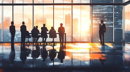Business People Looking at City Skyline from Office Window