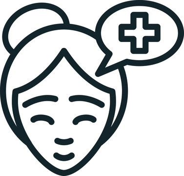 recommend clip art: Senior woman thinking about healthcare and wellbeing with cross sign inside speech bubble