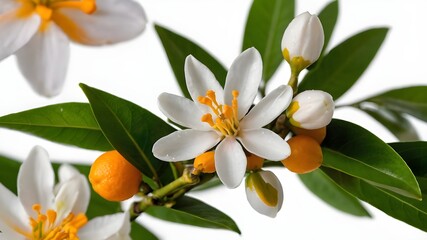 Fototapeta premium Macro Close-Up of Neroli Blossom: White Citrus Tree Flowers Bunch Isolated on White Background