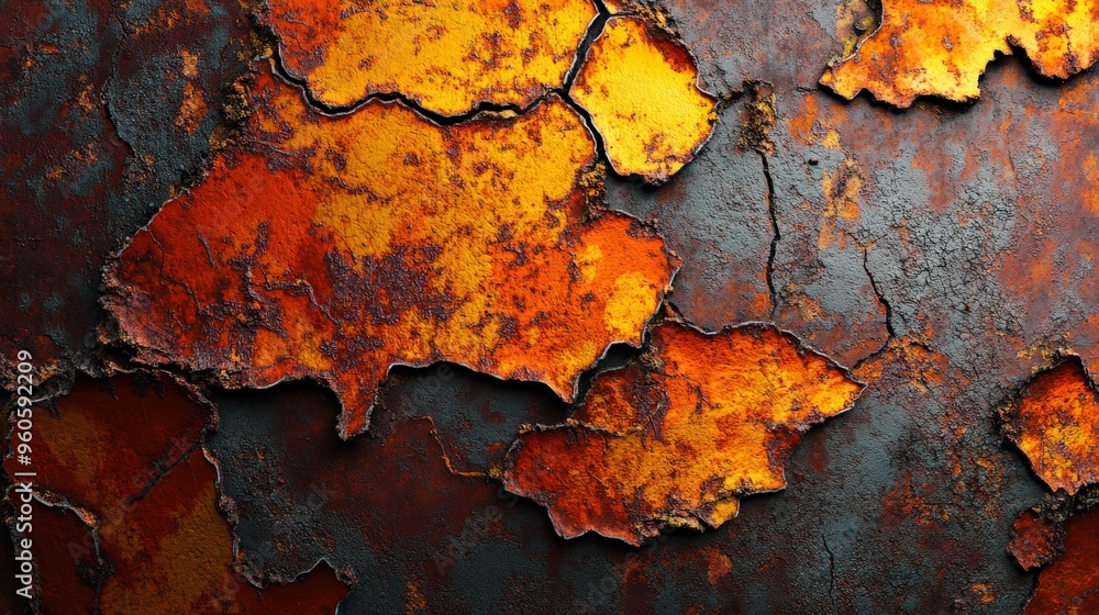 Poster the metal surface showcases an intricate display of rust, featuring dynamic patterns and bright colo