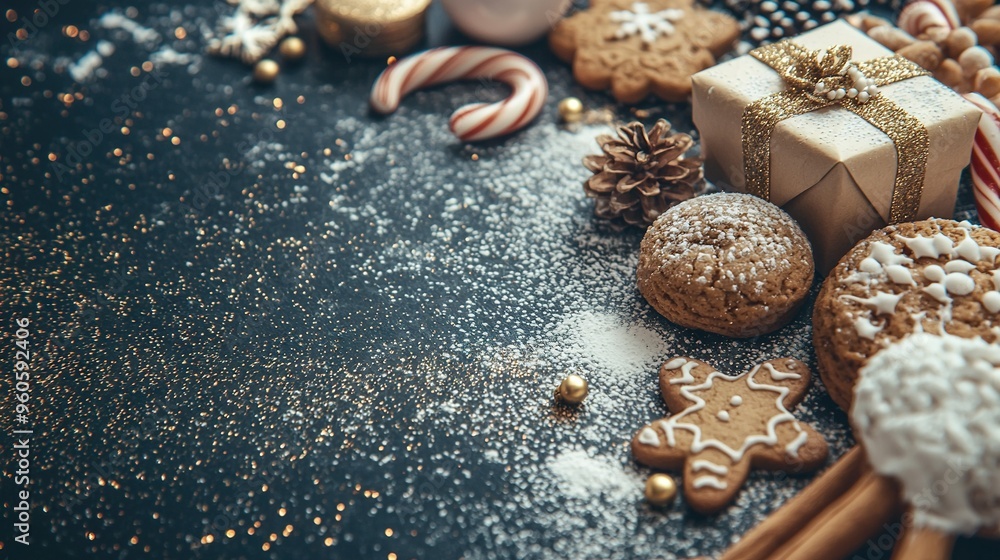 Poster a beautifully arranged table displaying an array of delightful cookies and candies, complemented by 
