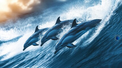 A group of dolphins riding the bow wave of a boat, with the boat cutting through the water at high speed.