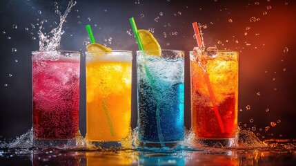 Four Colorful Cocktails with Splashing Water