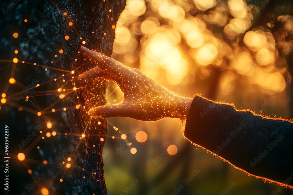Poster hand touching tree with glowing network connection at sunset