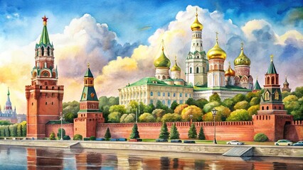 Bloody watercolor representation of Moscow Kremlin showcasing intricate details of the architecture and surroundings, representation, detailed, surroundings, intricate, macro, Moscow Kremlin
