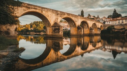 Fototapeta premium A historic stone bridge in a European town, with arches reflecting in the calm river below.