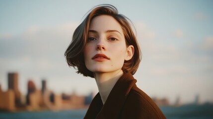 A contemplative woman with short hair gazes thoughtfully past the city's skyline in the background, capturing a moment of calm and introspection against an urban setting.