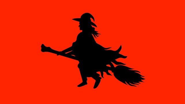 Spooky Witch Riding a Flying Broomstick. Halloween. flying witch silhouette video animation background on red background