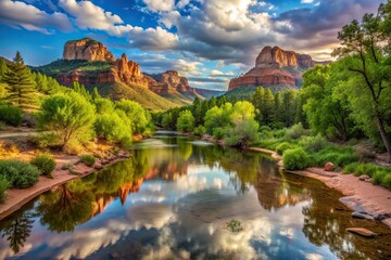 Obraz premium West Fork, Arizona, Oak Creek,serene, USA, East Buzzard Point, A serene view of East Buzzard Point overlooking the West Fork of Oak Creek near Sedona Arizona USA