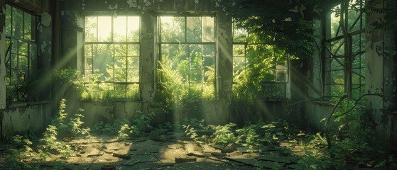Fototapeta premium Serene Decay - Abandoned Factory Overtaken by Nature in