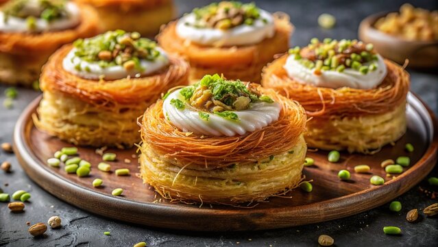 A close up photo of a traditional Arabian dessert called warbat featuring layers of crispy kadayif kunafa filled with creamy qishta garnished with pistachios and drizzled with cheese