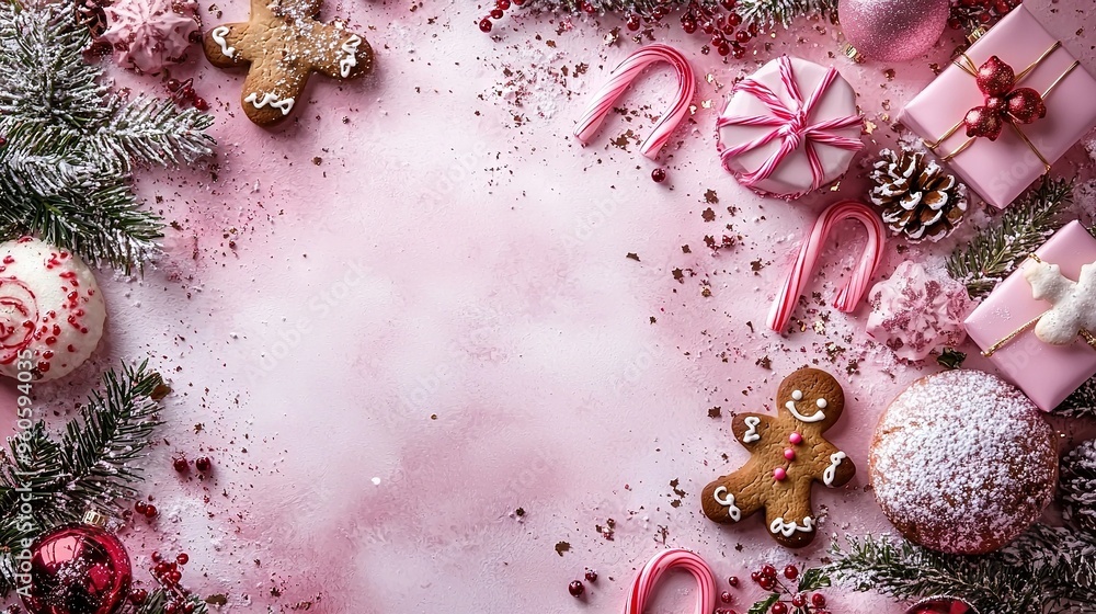Poster a pink table topped with an array of various cookies and candies on a pink tablecloth