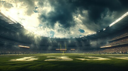 American football stadium, with the field bathed in sunlight