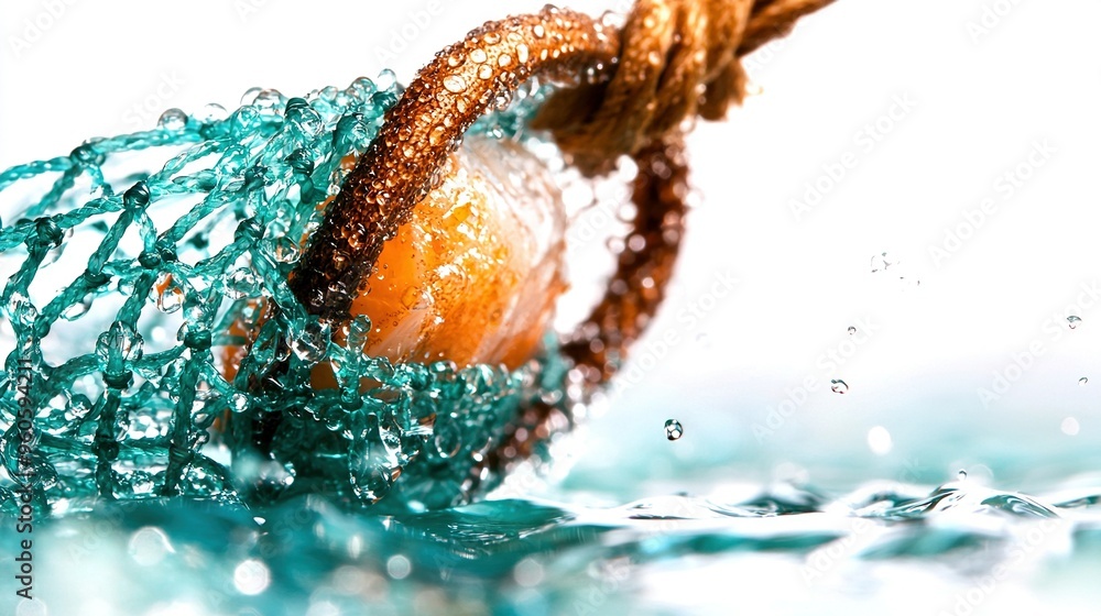 Poster a close-up of an orange in a net with water splashing on the top and bottom of the net