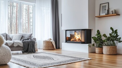 Cozy living room interior with fireplace, sofa, armchair, rug and houseplants in baskets near the window.