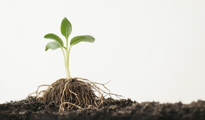 Fototapeta premium Closeup of a Single Green Sprout Emerging from Dark Soil on a Bright White Background, Symbolizing New Life and Growth