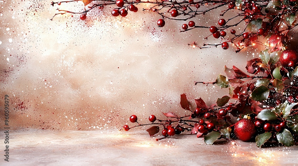 Poster a photo of a christmas tree with red berries and mist emanating from its branches and surrounding it