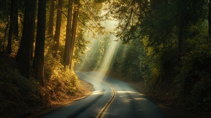 Naklejka premium A long, winding road cutting through a dense forest, with tall trees lining both sides and sunlight filtering through the leaves.