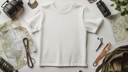 White T Shirt Mockup with Adventure Travel Accessories