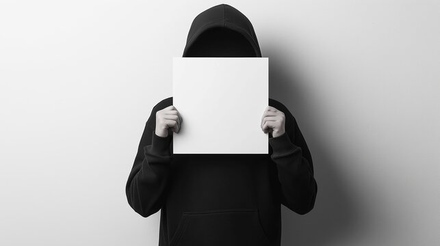 Faceless Individual in Black Hoodie Standing Against White Background While Holding a Blank Sign with Both Hands