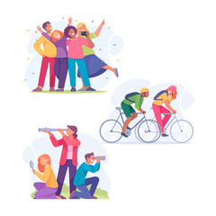 Good Company with Man and Woman Friend Do Different Activity Together Vector Illustration Set