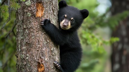 Obraz premium Bear Cub - Adorable Baby Black Bear Clinging to Tree with Cute Claw