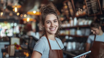 Confident young woman wearing a stylish apron, engaging with customers using a digital tablet in a cozy cafe setting