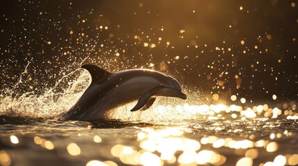 A playful dolphin splashing water with its tail, with the spray catching the sunlight and creating a sparkling effect.