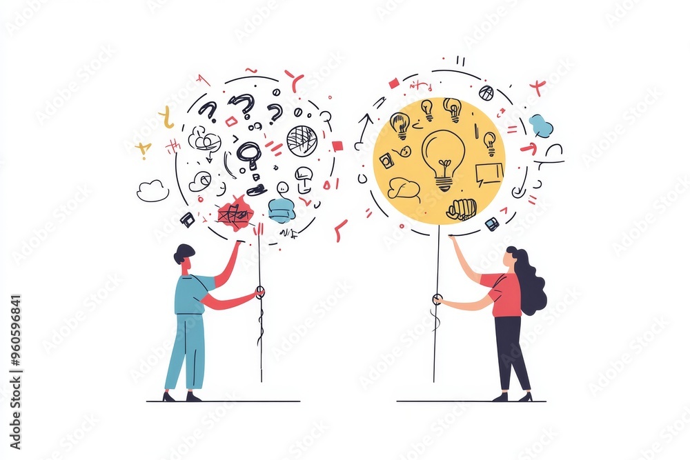 Poster creative problem-solving and idea generation concept with two people analyzing data