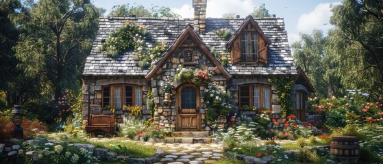 Obraz premium Serene Traditional Stone Cottage Surrounded by Lush Garden in