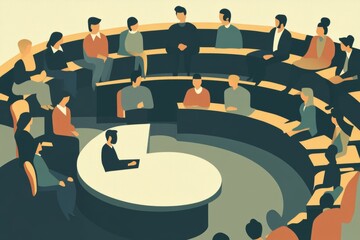 People in a modern amphitheater setting engaging in various activities