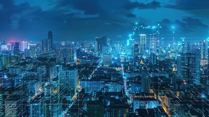 Naklejka premium Cityscape with Network Connections at Night
