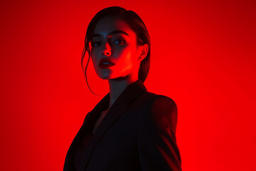 Fashion Forward Woman in Dark Gray Suit with Neon Red Stylish Lifestyle Portrait for Modern Fashion