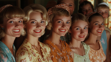 A line up of retro vintage styled perfect housewives, Stepford Wives style, highly polished young women with a generic look smiling to camera, landscape 16:9 with copy space blank