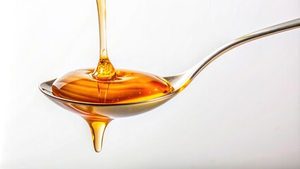 Honey is depicted in this stock photo dripping smoothly from a spoon against a plain white background creating a visually pleasing and inviting image, liquid, forced perspective, honeycomb