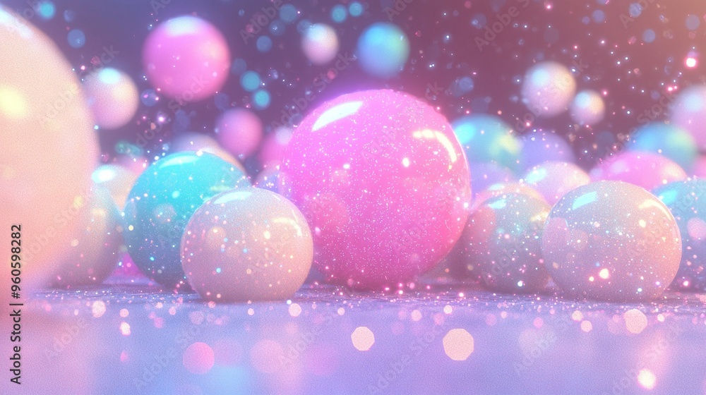 Poster a cluster of spheres resting atop a flat surface adjacent to a hazy backdrop