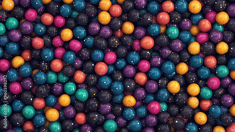 Poster many spheres arranged in a ball pit with multiple balls on top