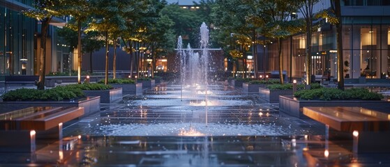 Serene Urban Plaza: Fountains and Benches in Crystal-Clear 8K UHD Resolution