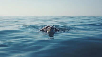 Fototapeta premium A sea turtle surfacing for air, with its head breaking the water surface and the vast ocean spreading out in the background.