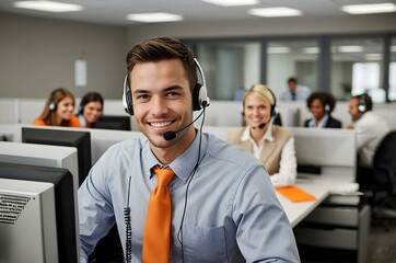 A young handsome dark brown hair man in a smart orange tie outfit smiles while wearing a headset, working as a call center operator in a busy orange office. The businessman assistent and secretary