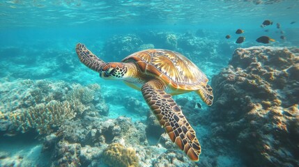 Obraz premium A sea turtle swimming gracefully through clear blue ocean waters, with coral reefs and small fish in the background.