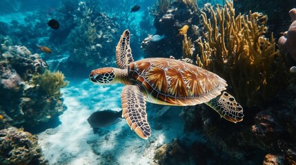 Fototapeta premium A sea turtle swimming gracefully through clear blue ocean waters, with coral reefs and small fish in the background.