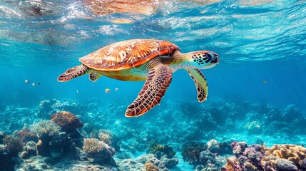 Obraz premium A sea turtle swimming gracefully through clear blue ocean waters, with coral reefs and small fish in the background.