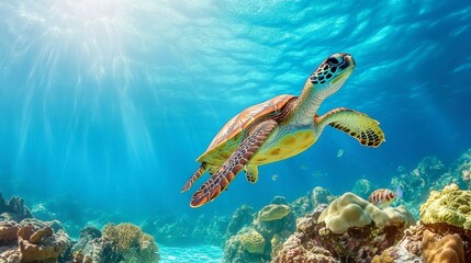 Obraz premium A sea turtle swimming gracefully through clear blue ocean waters, with coral reefs and small fish in the background.